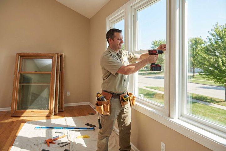 Window installer replacing windows in a home