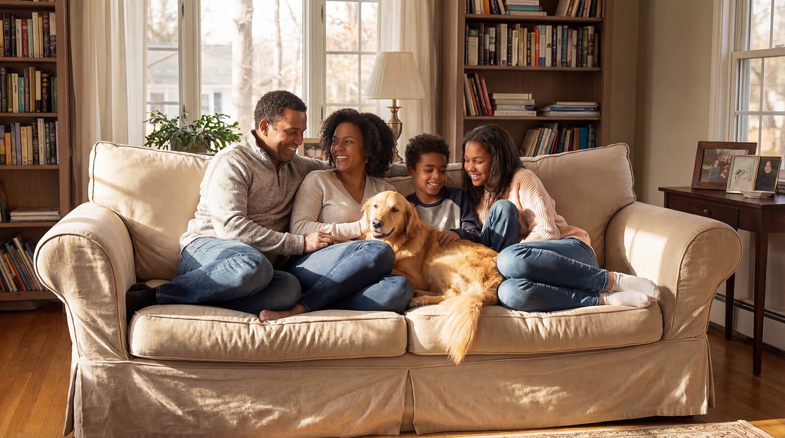 Happy family at home with their home warranty protection