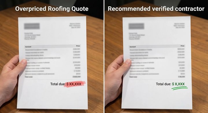 Comparison between an overpriced roofing quote and a recommended verified contractor quote