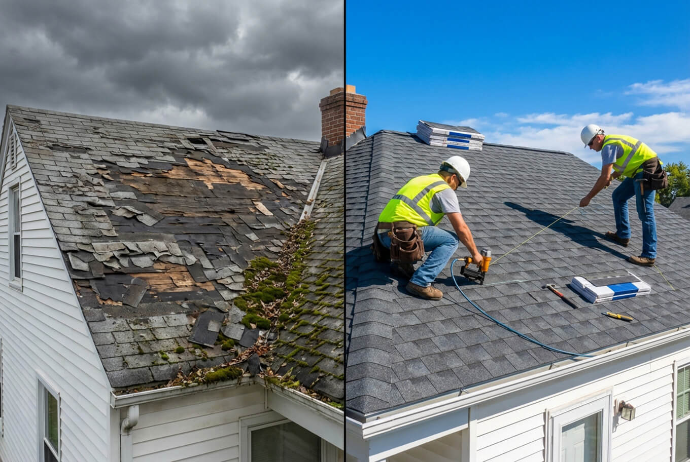 Happy homeowners in front of their house while roofers work on the roof
